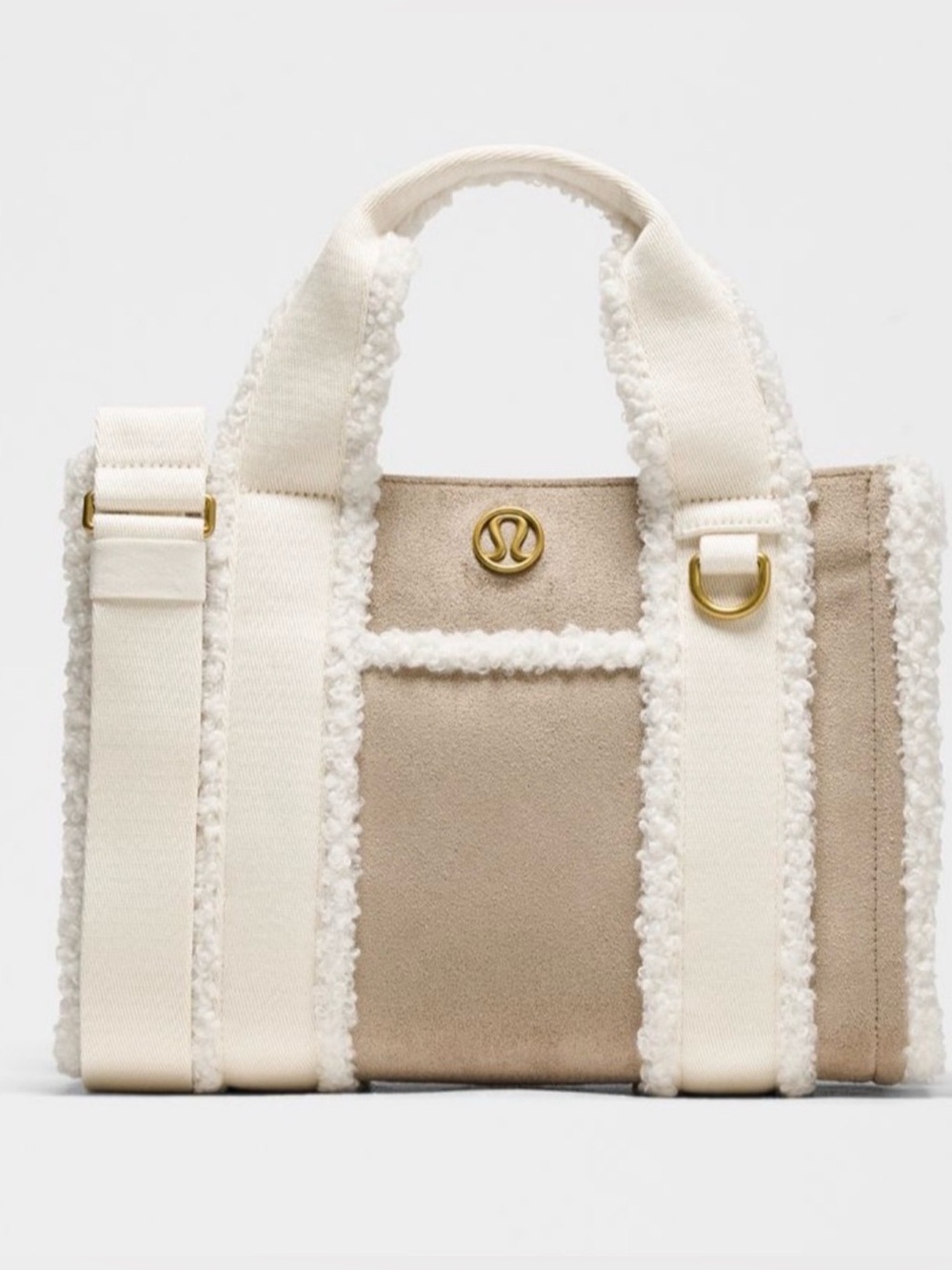 lululemon athletica Beige Suede Tote with Cream Shearling Trim